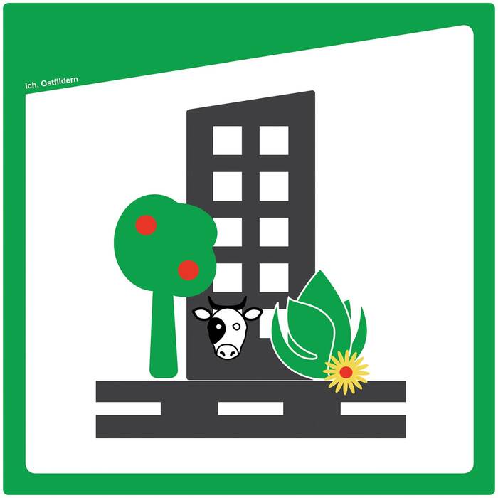 Piktogramm "Urbanes Land",2020, Doris Graf. Ein weißes angeschnittenes Quadrat mit grünem Rahmen. In der Mitte ein Hochhaus mit vielen Fenstern an einer Straße. Eine Kuh schaut heraus. Ein grüner Baum mit zwei roten Punkten und ein Busch mit einer gelben Blüte umrahmen das Haus.