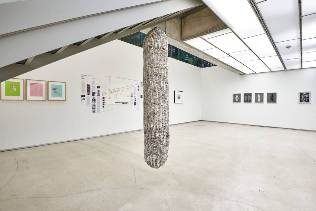 "Facetten" - Gruppenausstellung. Ein weißer Kokon hängt von der Treppe herunter. Im Hintergrund rechts: Schwarz-Weiß-Grau Serie. Links: Insekten-Serie mit monochromen Pastelltönen im Hintergrund.