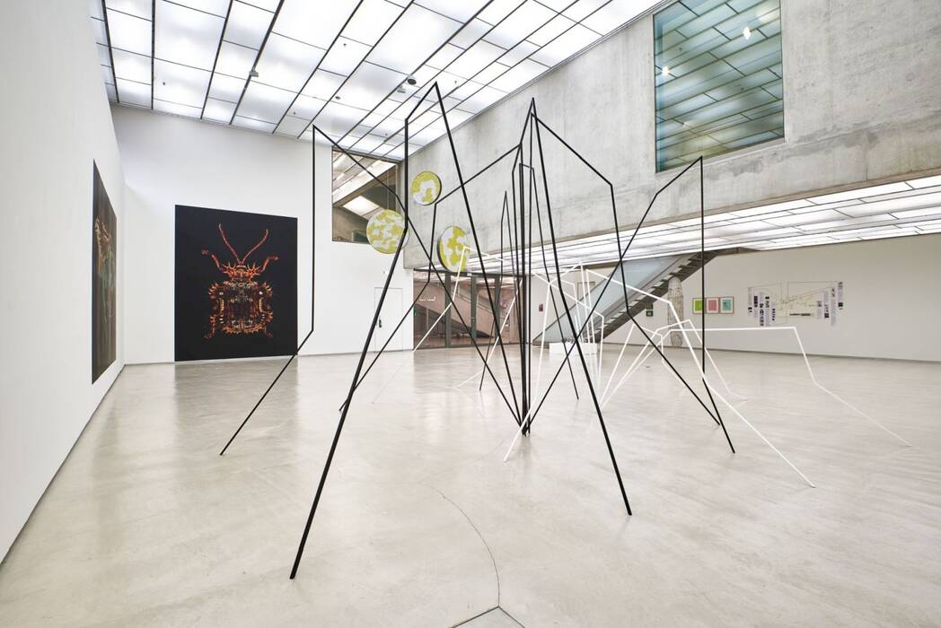 Gruppenausstellung "Facetten". Im Vordergrund stehen zwei überdimensionale, metallische, langbeinige Schnakenobjekte; davon das größere in Schwarz und das kleinere in Weiß. Links daneben erkennt man einen orange-roten Käfer auf einem rechteckigen, schwarzen Hintergrund. In der Mitte hängen drei kreisrunde Gebilde mit Wabenstruktur in den Farben Gelb und Weiß von der Decke herunter. Rechts unter dem Treppenaufgang hängt ein großes, weißes Kokongebilde. Drei gerahmte Insektenbilder hängen neben einer Mindmap-artigen Wandarbeit.