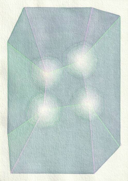 "four dots- two colours, magenta, green 2021, von Michelin Kober. Blasse Zeichnung in den Farben Grün und Magenta. In der Bildmitte 4 weiße Punkte.