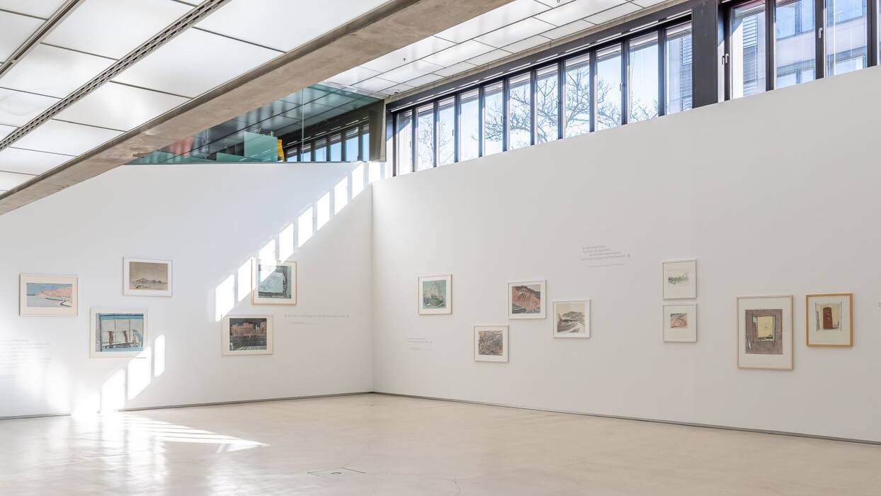 Ausstellungsansicht "Fenster zur Welt - Ansichten aus Europa" von Robert Förch. Farbige Linolschnitte hängen wellenartig an der Wand. Ergänzt durch blassgraue Zitate.