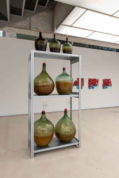 Im Vordergrund ein Regal mit bauchigen Mostgefäßen von Daniel Bräg, im Hintergrund die Malerei "Johannisbeeren" von Beate Sellin