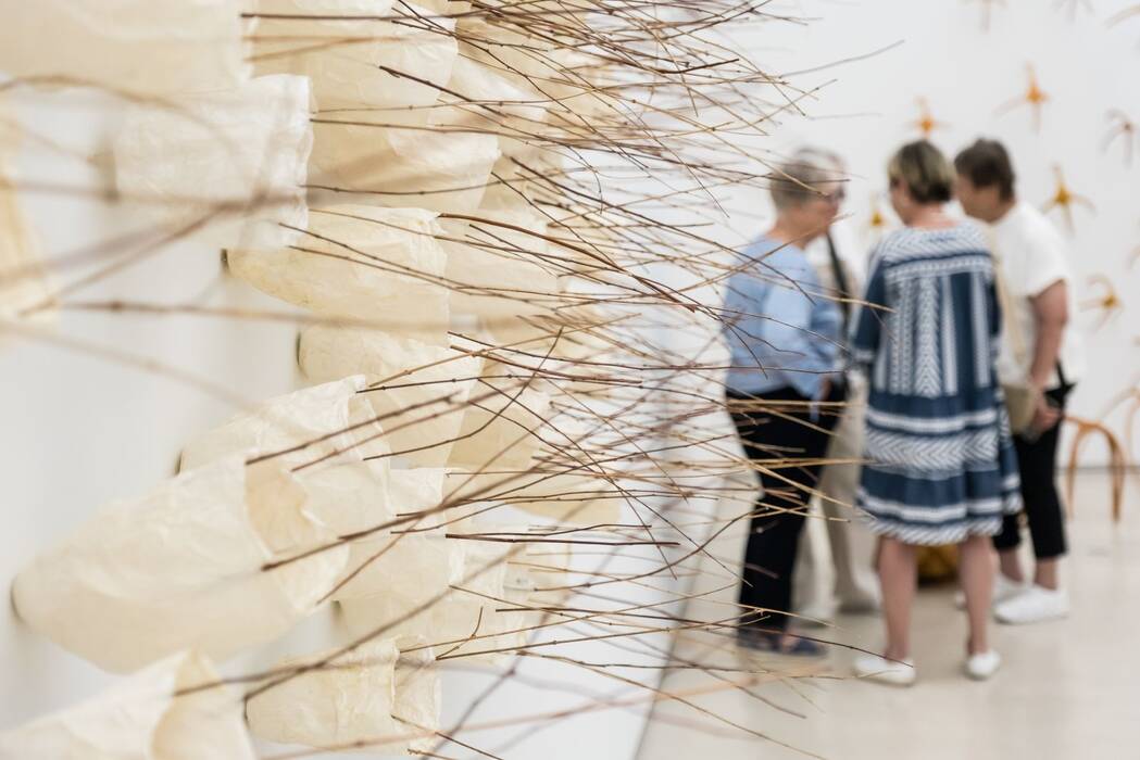 Ausstellungsansicht der Ausstellung "Luftwurzeln und Blütentanz" von Hannelore Weitbrecht. 