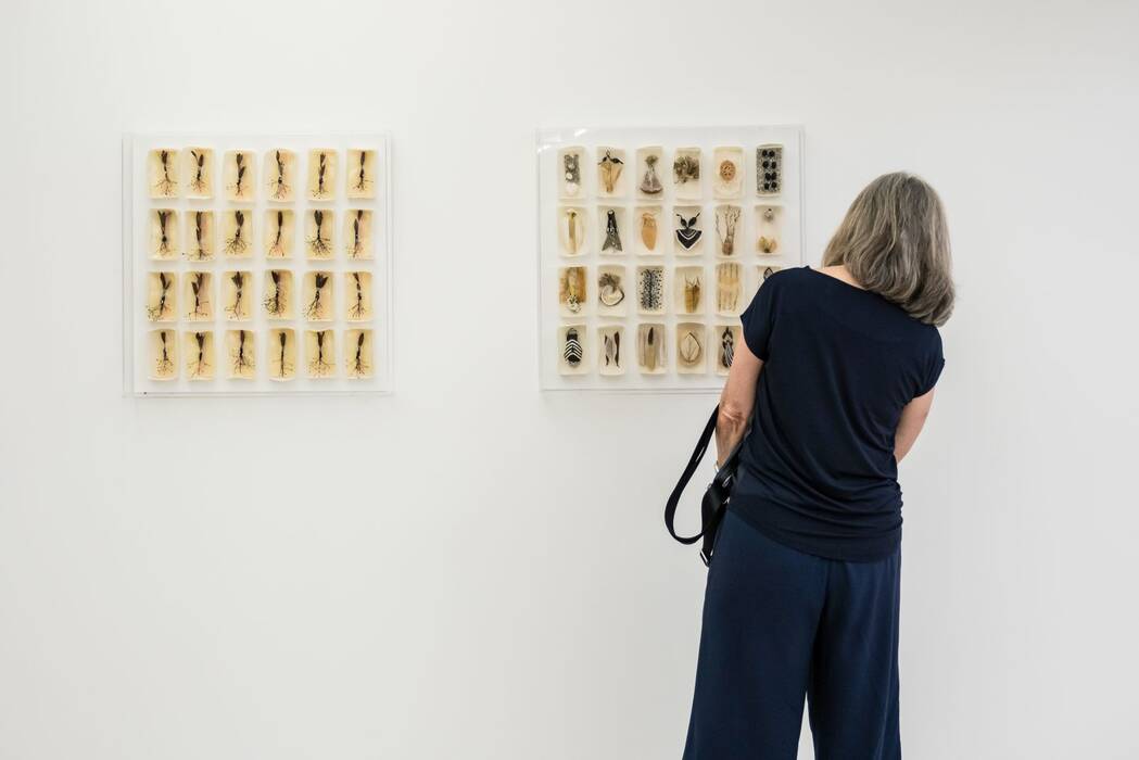 Ausstellungsansicht der Ausstellung "Luftwurzeln und Blütentanz" von Hannelore Weitbrecht. Besucherin vor einem Werk
