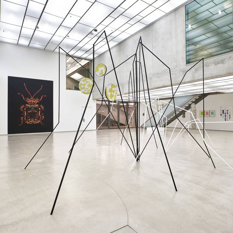 Gruppenausstellung "Facetten". Im Vordergrund stehen zwei überdimensionale, metallische, langbeinige Schnakenobjekte; davon das größere in Schwarz und das kleinere in Weiß. Links daneben erkennt man einen orange-roten Käfer auf einem rechteckigen, schwarzen Hintergrund. In der Mitte hängen drei kreisrunde Gebilde mit Wabenstruktur in den Farben Gelb und Weiß von der Decke herunter. Rechts unter dem Treppenaufgang hängt ein großes, weißes Kokongebilde. Drei gerahmte Insektenbilder hängen neben einer Mindmap-artigen Wandarbeit.